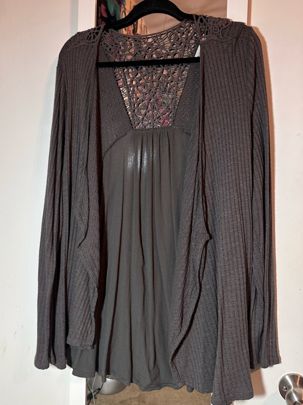 Knox Rose Charcoal Crochet-Back Open Cardigan Sweater